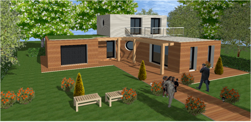 plan maison contemporaine bois toit plat